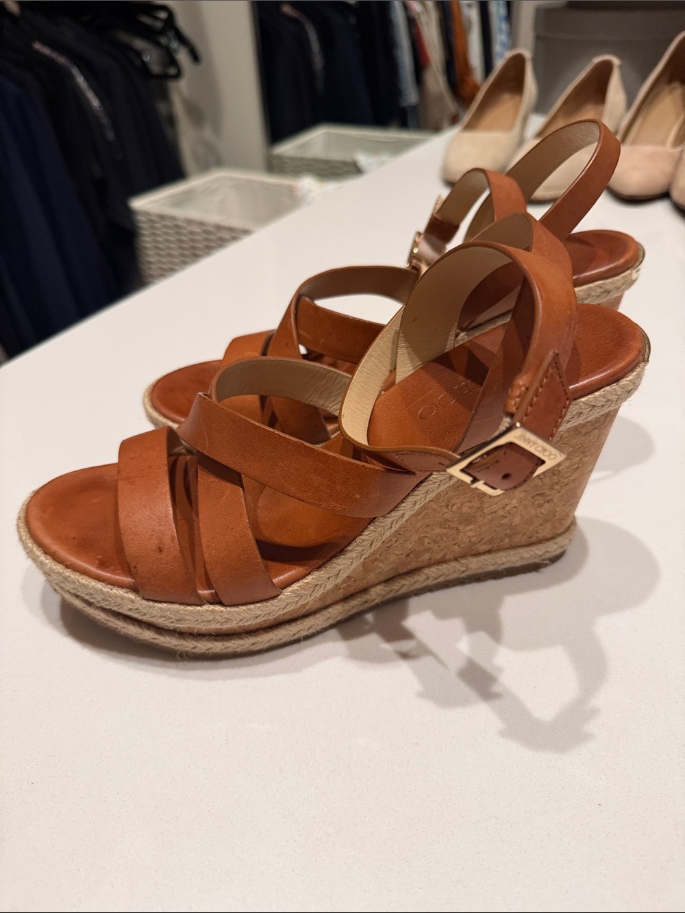 Jimmy Choo size 40 Leather Strappy Wedge Sandals in Tan